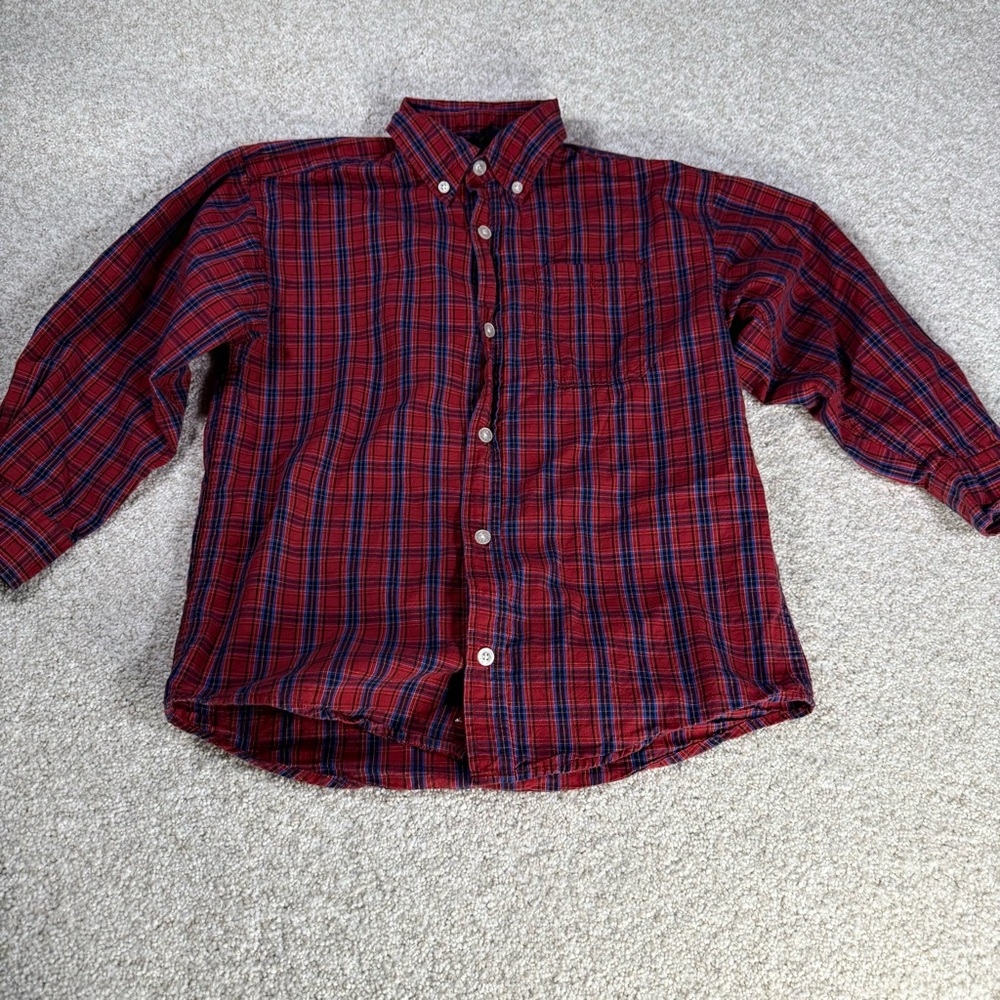 Basic Editions Youth Boys Size 6/7 Red And Blue Button Down Plaid Shirt